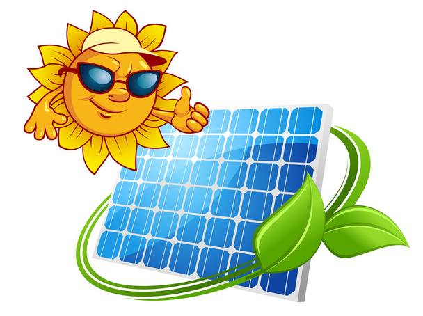 Conceito de energia solar com desenho animado sol e painel solar
 - Vetor, Imagem