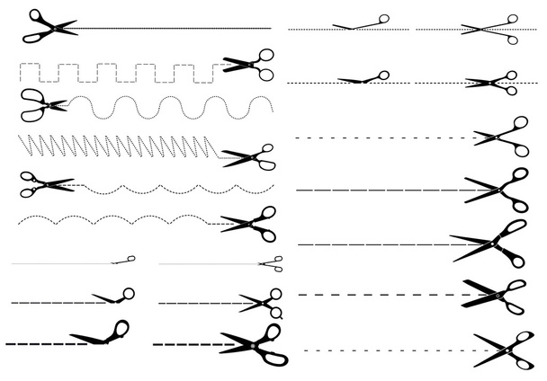 Διάστικτη και διακεκομμένες γραμμές κομμένα με το ψαλίδι που - Διάνυσμα, εικόνα