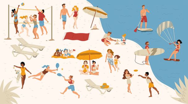 Summer sea beach with people swim on surf and paddle boards, parasailing, play volleyball, tennis and walking. Vector flat illustration of rest and leisure activities on resort vacation - Vector, imagen