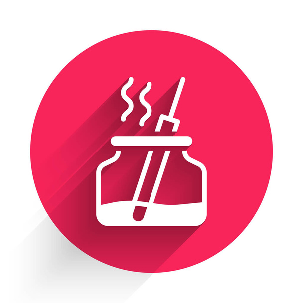 White Aroma diffuser icon isolated with long shadow background. Glass jar different with wooden aroma sticks. Red circle button. Vector. - Vecteur, image