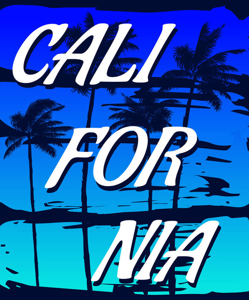 Каліфорнійський захід надрукував футболку. Poster retro grunge пальмові силуети, градієнт, типографія. Приклад вектора - Вектор, зображення