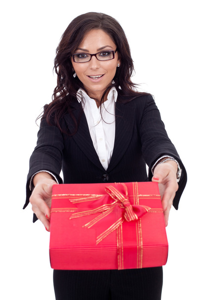 Donna d'affari con confezione regalo - Foto, immagini