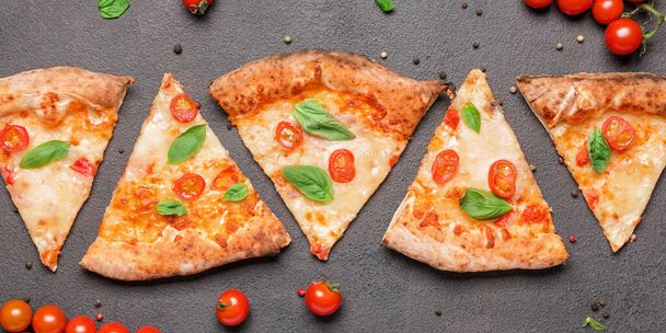 Slices of tasty pizza Margarita on grey background, top view - Zdjęcie, obraz