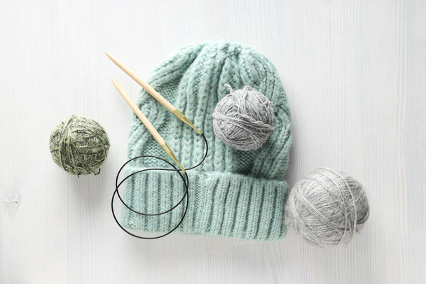 Concept of cozy and relax hobby, knitting, top view - Photo, image