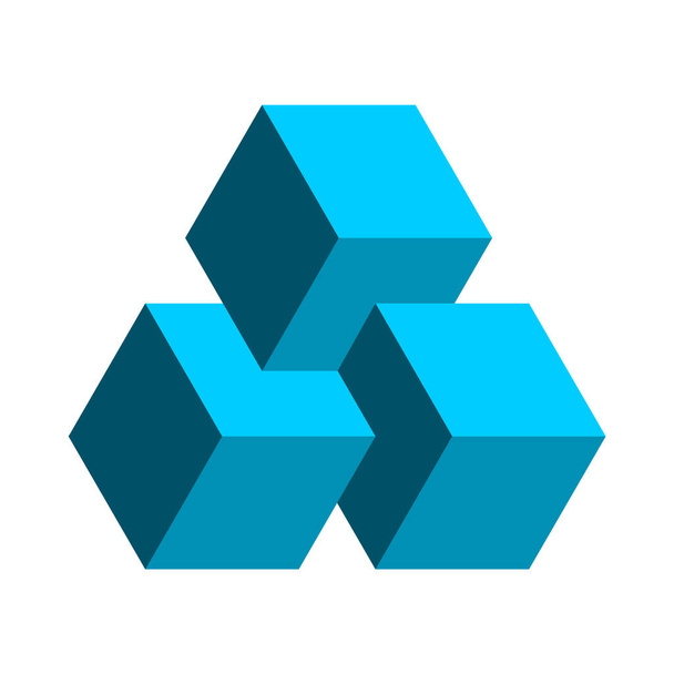 Three blue cubes floating in the air. Impossible 3D geometric shape. Penrose optical illusion. Isometric blockchain technology concept. Triangle composition. Big data. Vector illustration, clip art.  - ベクター画像