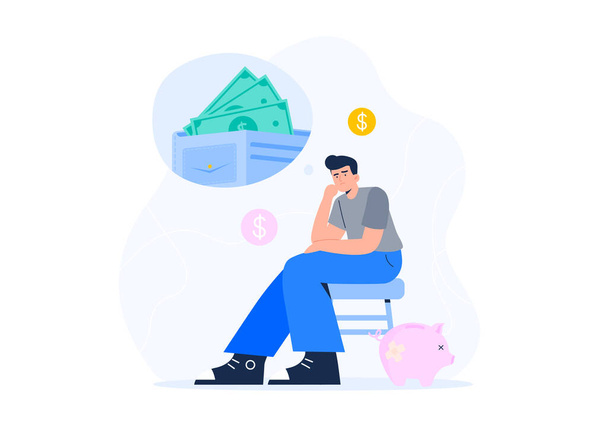 Money shortage concept. Bankruptcy, poverty, debt, and economic crisis. A depressed man thinks about money and unpaid loans. Vector flat illustration isolated on the white background. - Vektör, Görsel