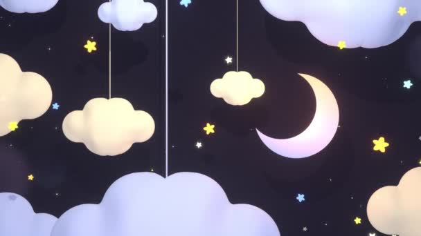 Looped glowing yellow stars, hanging clouds craft, soft pink and yellow gradient crescent moon paper art animation - Imágenes, Vídeo