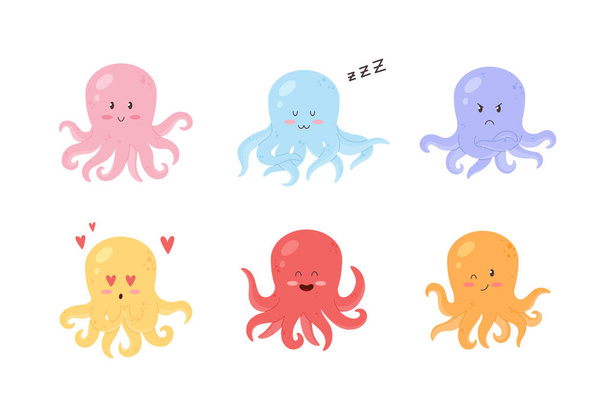 Cute octopus cartoon icons or stickers, flat vector illustration isolated on white background. Childish octopuses, funny adorable underwater animals set. - Vektör, Görsel
