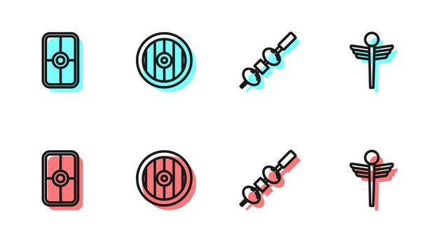Set line Olive and cheese on chopstick, Greek shield, and Caduceus snake medical icon. Vector. - Vector, Image