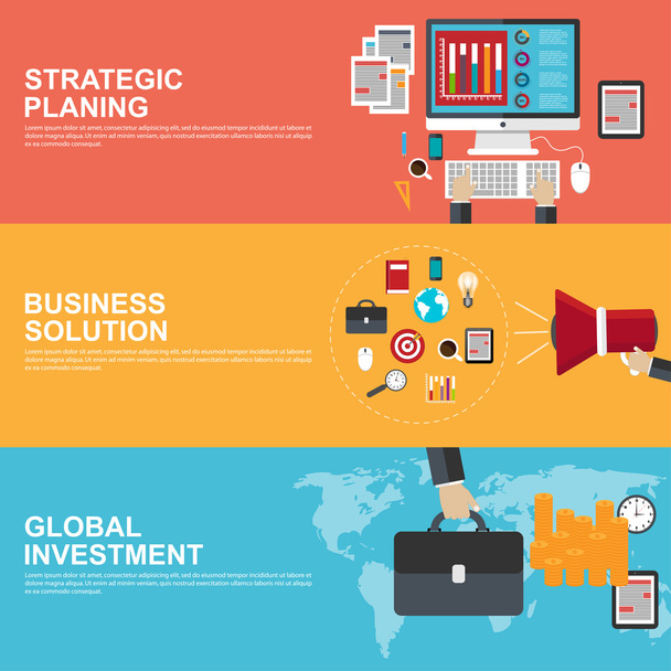 Conceitos de design plano para planejamento estratégico, investimento global e solução de negócios
 - Vetor, Imagem