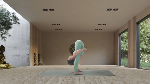 Young athletic attractive woman practicing yoga in a wooden yoga - Fotografie, Obrázek