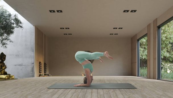 Young athletic attractive woman practicing yoga in a wooden yoga - 写真・画像