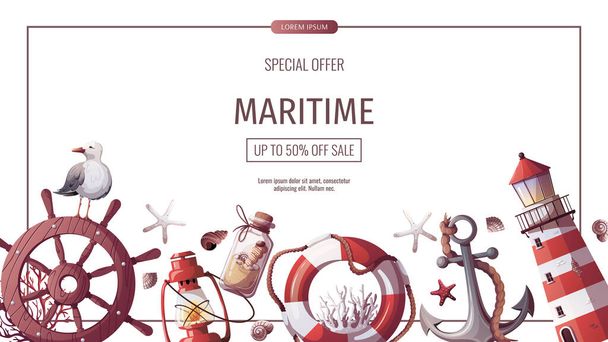 Banner design with Ship's steering wheel, anchor, lifebuoy, sand bottle, corals, starfishes, seashells, lighthouse. Maritime, sea coast, marine life, nautical concept. Vector illustration. - ベクター画像