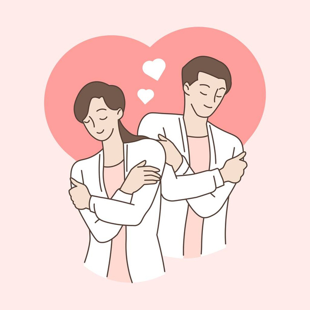 Couple hugging themself with hearts on pink background. Self love and self care. Love yourself. Love your body concept. Hand draw style. Vector illustration. - Vetor, Imagem