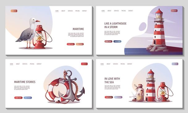 Set of web pages with lighthouse, anchor, lifebuoy, sand bottle, seagulls, seashells. Maritime, sea coast, marine life, nautical concept. Vector illustration. Website, banner template. - Vector, afbeelding