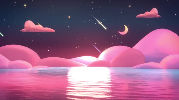 Looped beautiful pastel pink and purple ocean scene with colorful shooting stars, glowing yellow crescent moon, and cumulus clouds in the night sky animation - Video