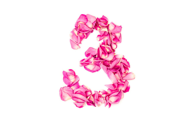 number 3 made from pink petals rose. Pink roses. Element for decoration - Foto, imagen