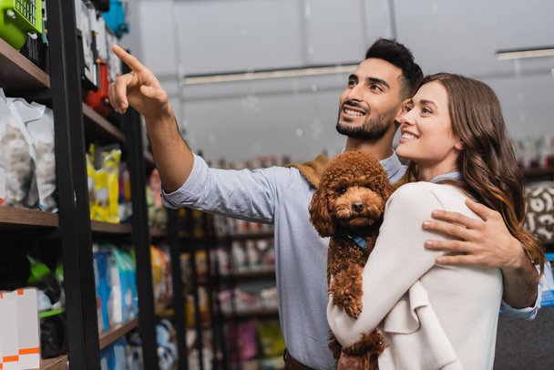 Arabian man pointing at showcase and hugging girlfriend with poodle in pet shop  - Foto, Imagem