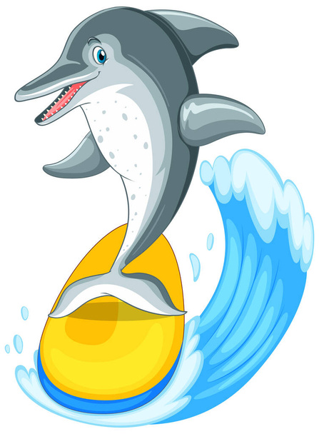 Cute dolphin cartoon character surfing illustration - Vektör, Görsel
