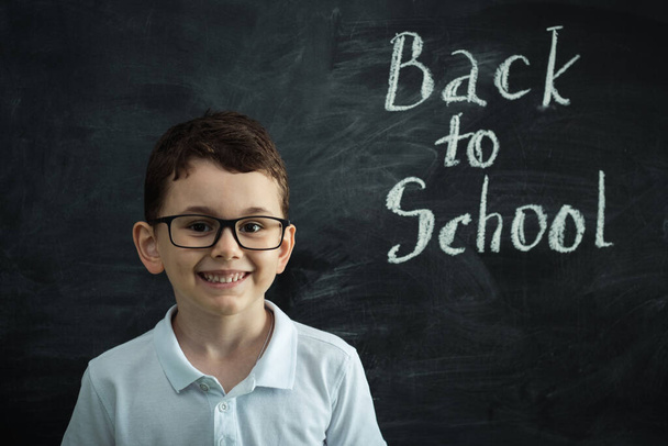 Милий білий школяр носить окуляри і тримає глобус проти чорної шкільної дошки в класі в початковій школі. Повернутися до концепції школи
 - Фото, зображення