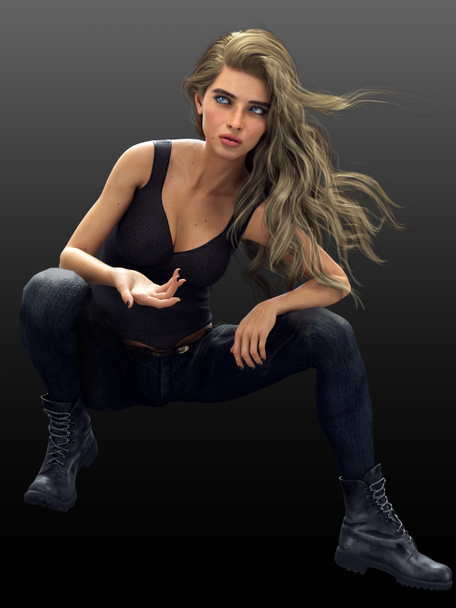 Жінка - блондинка міського фентезі в чорних тонах і джинсах - Фото, зображення