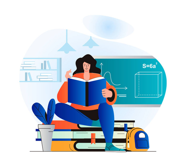 Education concept in modern flat design. Woman is reading book. Pupil studies from textbook, does her homework in library. Student learning at school, college or university. Web illustration - Fotó, kép