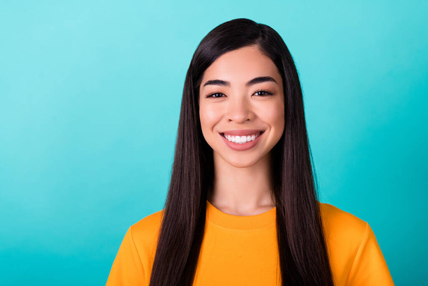 Photo of pretty adorable gorgeous woman with long hairstyle wear yellow t-shirt stomatology clinic ad isolated on teal color background. - Photo, Image