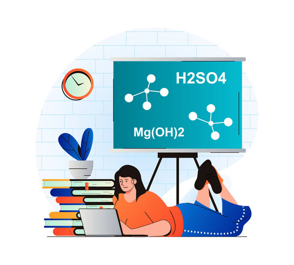 Education concept in modern flat design. Student studying lesson at laptop. Woman is reading textbook, does homework at class. Pupil learning at school, college or university. Web illustration - Fotoğraf, Görsel
