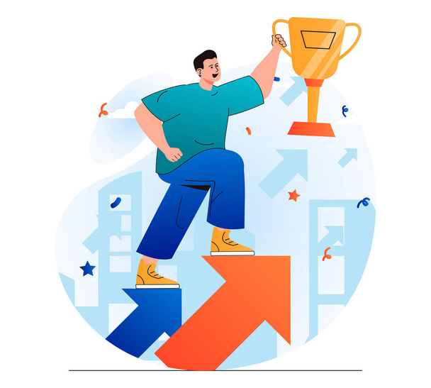 Концепція бізнес-нагороди в сучасному пласкому дизайні. Бізнесмен тримає золоту чашку і рухається вгору по стрілці. Тріумф, зростання прибутку, досягнення кар'єрних цілей, лідерство в конкуренції. Веб-ілюстрація
 - Фото, зображення