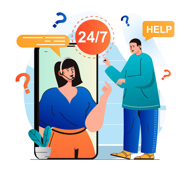 Customer support concept in modern flat design. Man needs help and contacted call center. Operator consults client using video chat in mobile application. Online communication. Web illustration - Fotoğraf, Görsel