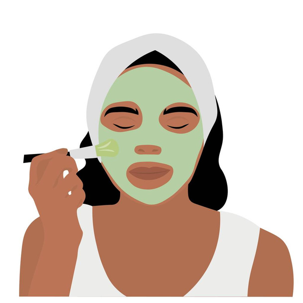 Beautiful woman applying facial mask against white background - Vetor, Imagem