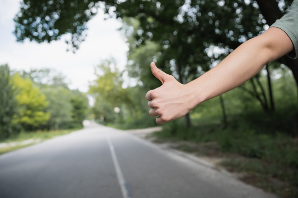cropped view of hitchhiker with thumb up stopping car on blurred road - 写真・画像