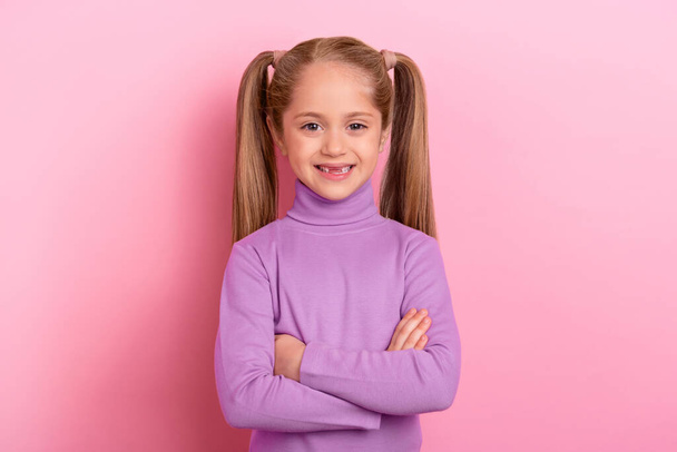Photo of young adorable confident girl with folded hands best in her class isolated on pink color background. - Fotoğraf, Görsel