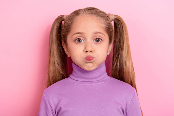Portrait of lovely sweet funky little child pout lips make silly faces grimacing isolated on pink color background. - Fotoğraf, Görsel