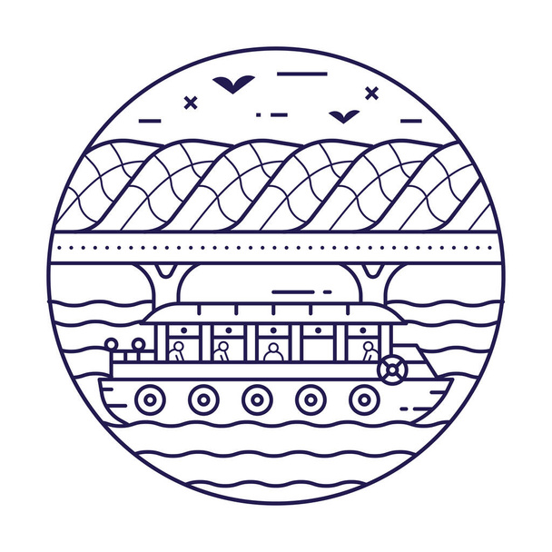 Singapore Helix bridge inspired circle icon or emblem with tourist boat in line art style. Asian modern architectural landmark and famous symbol. - Διάνυσμα, εικόνα