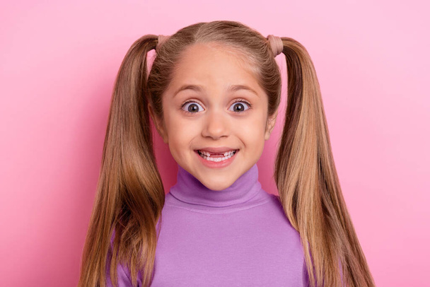 Photo of adorable sweet young girl with impressed face see shopping bargains ad isolated on pink color background. - Fotografie, Obrázek