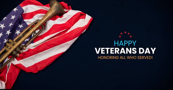 Happy Veterans Day - πανό με τρομπέτα και σημαία Ηνωμένων Πολιτειών. - Φωτογραφία, εικόνα