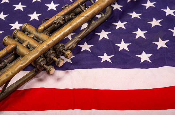 Closeup vintage trumpet with USA flag - 11 November veterans day banner. - Photo, Image