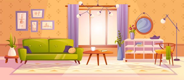 Interior of cozy living room, sofa and coffee table with houseplant. Wide window with curtains, functional apartment, design of comfortable space. Vector in flat style - Vektör, Görsel