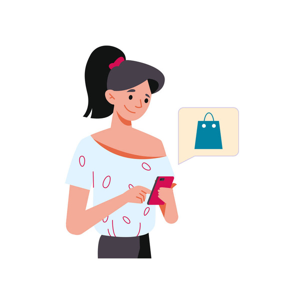 Γυναίκα online παραγγελία μέσω smartphone απομονωμένη επίπεδη χαρακτήρα κινουμένων σχεδίων. Vector ψώνια από το σπίτι, νεαρή κοπέλα με τηλέφωνο κάνει αγορές και την παράδοση στην ιστοσελίδα - Διάνυσμα, εικόνα