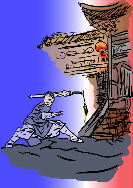 Temple and wushu - Vector, Image