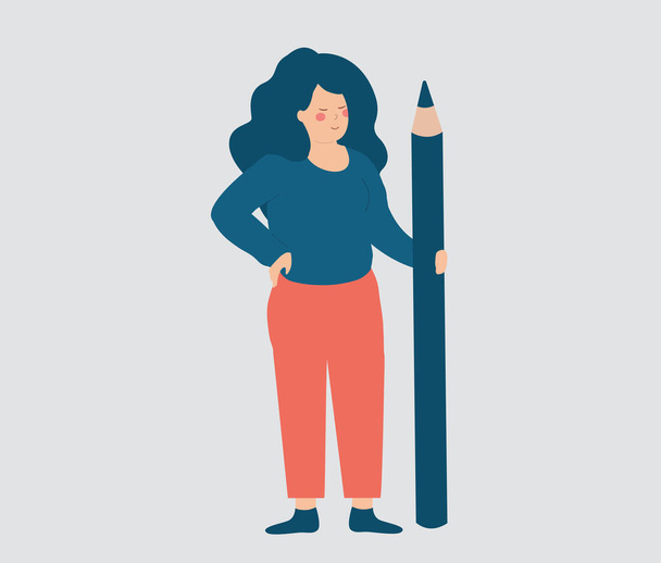Confident business Woman holds a big pencil. Blogger young female content writer or community manager stands with pencil. Blogging and copywriting services concept. illustration of proofreader. Vector - Vector, afbeelding