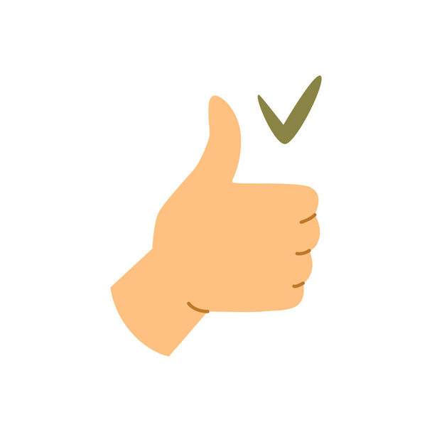 Hand gesture of thumb up expressing satisfaction, approval or agreement. Saying yes, non verbal communication using arms. Flat cartoon, vector in flat style - Vektör, Görsel