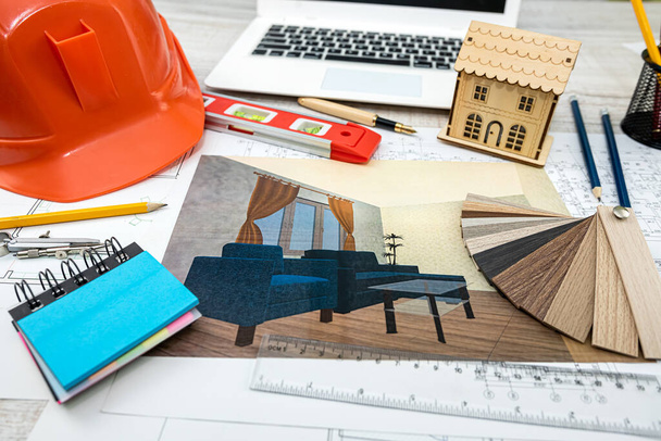 Blueprint and architectural tools, helmet and other tools. Construction  industry concept - Photo, Image