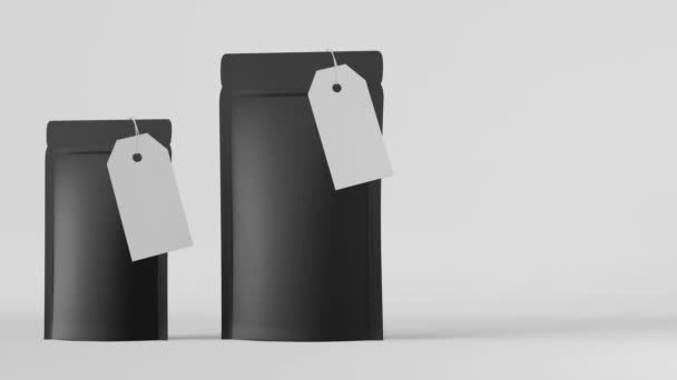 Μαύρη τσάντα τσάντα μαρκάρισμα πρότυπο τιμή ετικέτα mockup λευκό φόντο 3D animation. Εμπορικός σχεδιασμός συσκευασίας. Blank matte πακέτο κόκκους καφέ φακελάκι προϊόν.Τσάι παράδοση σνακ κατάστημα πώλησης Hot προσφορά - Πλάνα, βίντεο