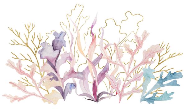 Arrangement made from Watercolor and golden seaweeds and corals, isolated. Underwater Illustration for greeting cards, summer sea beach wedding invitations, crafting, printing - Photo, image