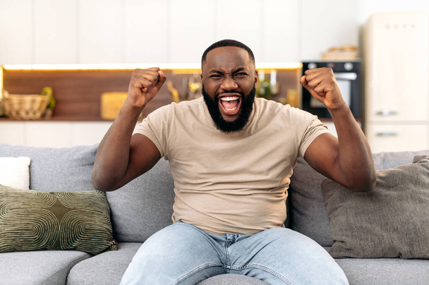 Winning concept. Amazed cheerful young african american man, sitting on the sofa in living room, excited for success with arms raised, celebrating victory, rejoices at a goal, smile happily, screaming - Photo, image