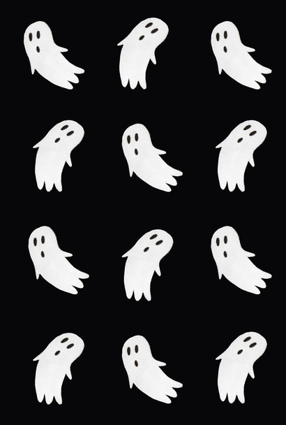 Horror pattern made of ghosts on black background. Minimal spooky idea. Halloween or Santa Muerte concept. - Foto, imagen