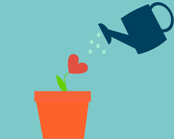 Grow love. Flower in a pot watered from a watering can. Vector illustration - Vector, Image