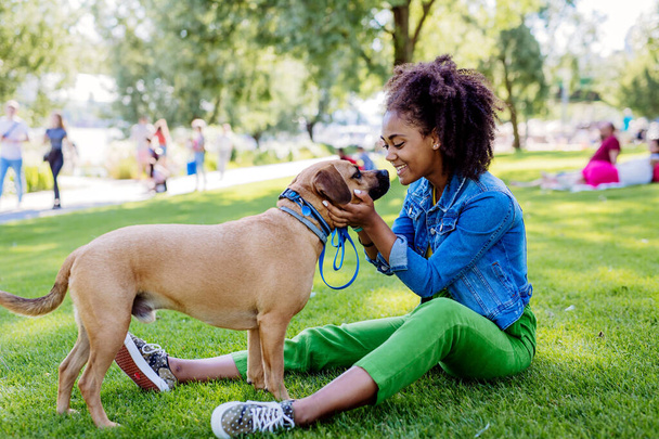 Мультирасовая девушка сидит и отдыхает со своей собакой в парке, тренирует его, проводит досуг вместе. Концепция взаимоотношений собаки и подростка, повседневная жизнь с домашним животным. - Фото, изображение